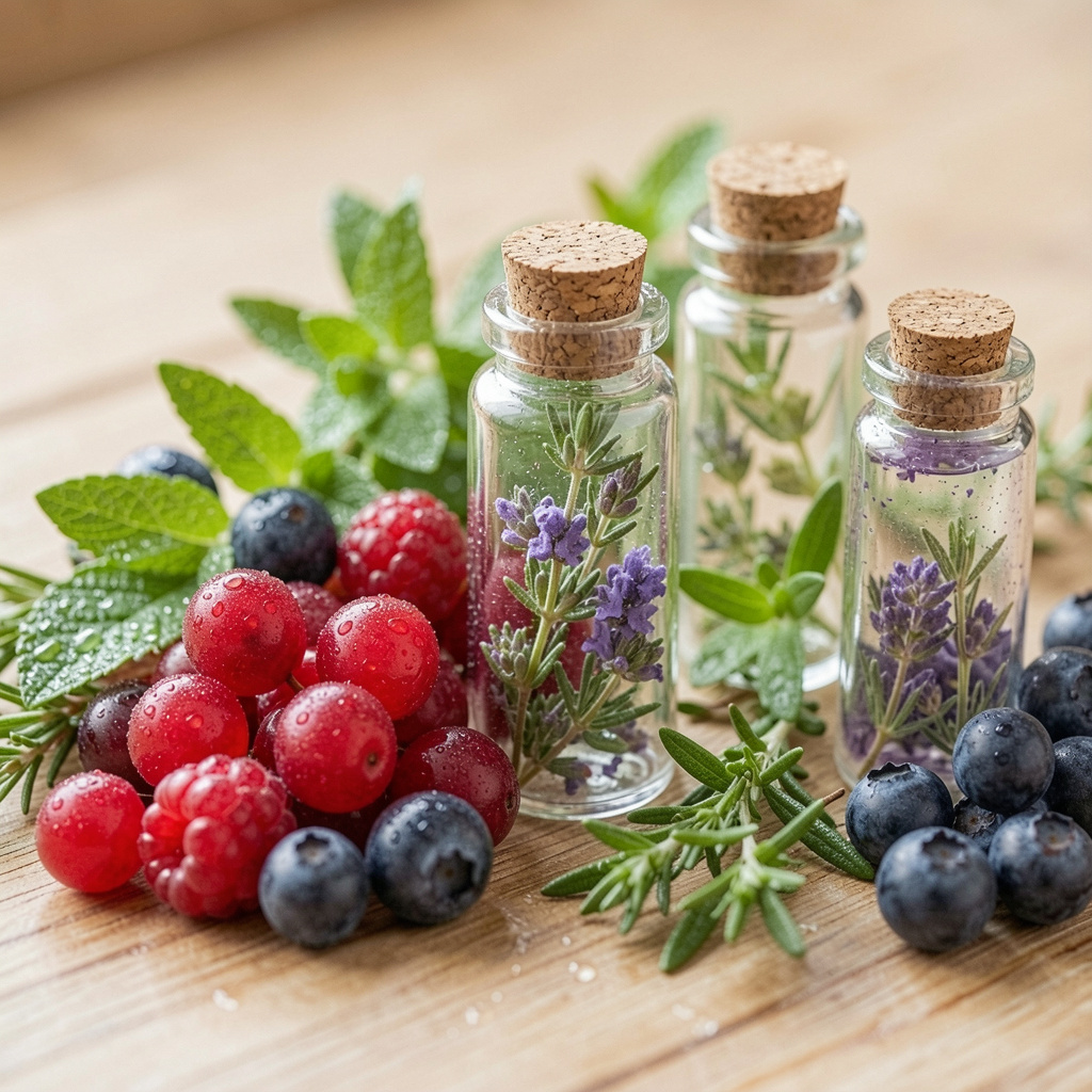 Fresh natural ingredients including berries, herbs, and botanical extracts